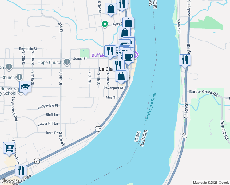 map of restaurants, bars, coffee shops, grocery stores, and more near 314 South 2nd Street in Le Claire