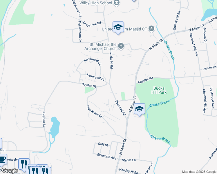 map of restaurants, bars, coffee shops, grocery stores, and more near 157 Bucks Hill Road in Waterbury