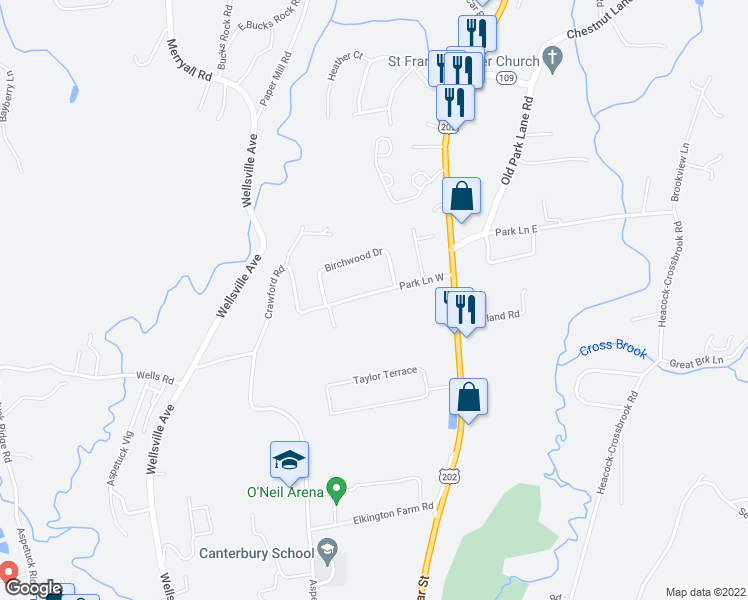 map of restaurants, bars, coffee shops, grocery stores, and more near 35 Park Lane West in New Milford