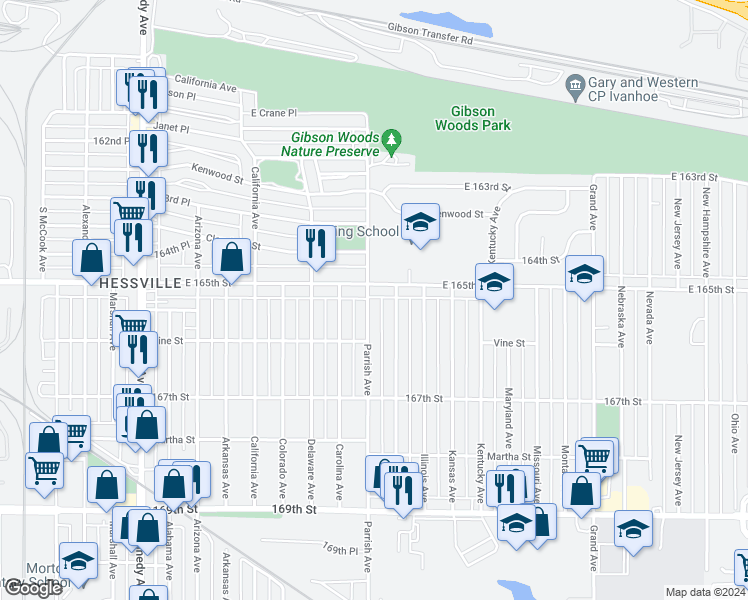 map of restaurants, bars, coffee shops, grocery stores, and more near 6515 Parrish Avenue in Hammond