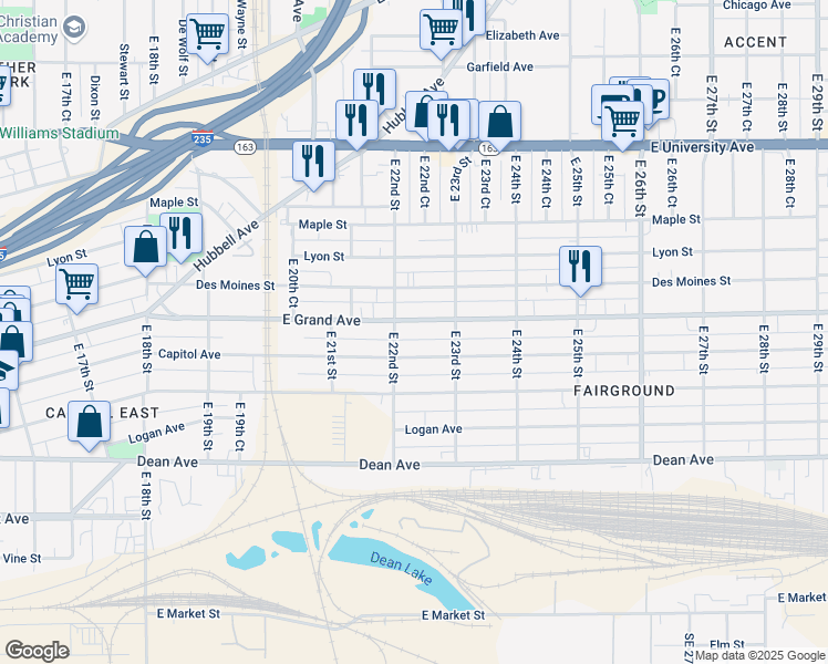 map of restaurants, bars, coffee shops, grocery stores, and more near 2201 East Grand Avenue in Des Moines