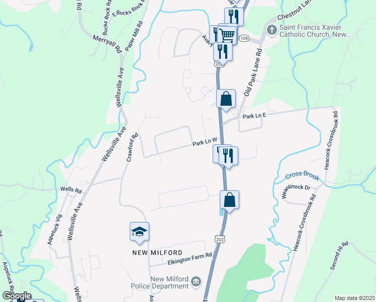 map of restaurants, bars, coffee shops, grocery stores, and more near 35 Park Lane West in New Milford