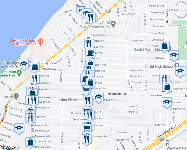 map of restaurants, bars, coffee shops, grocery stores, and more near 20151 Morris Avenue in Euclid