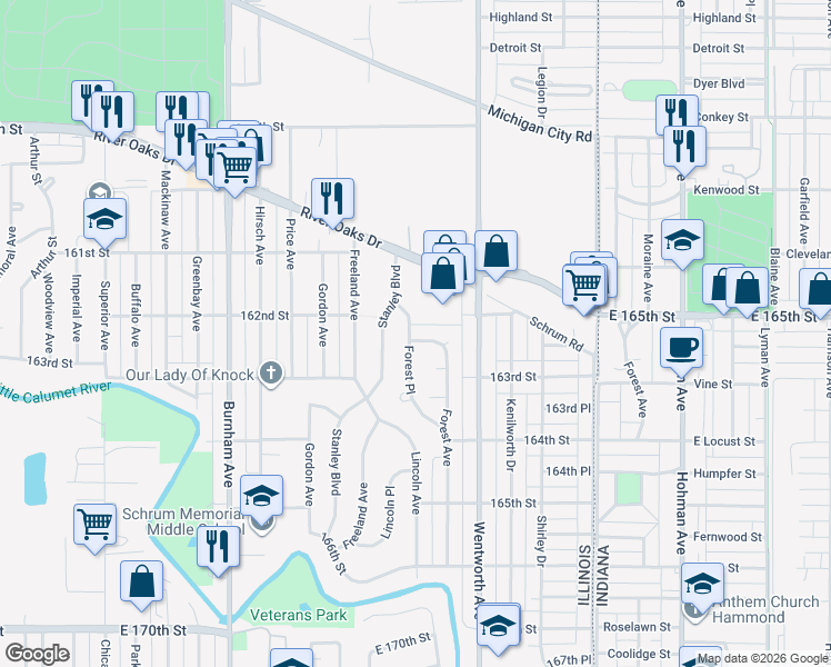 map of restaurants, bars, coffee shops, grocery stores, and more near 1351 Forest Place in Calumet City