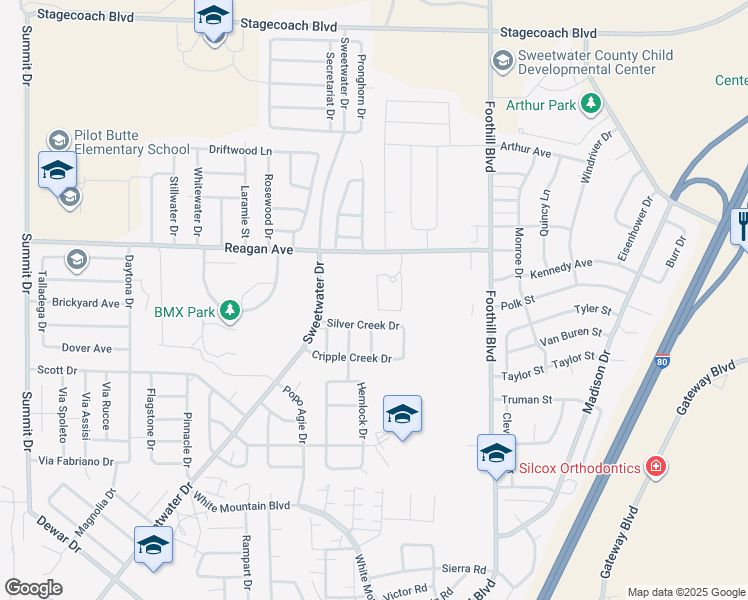 map of restaurants, bars, coffee shops, grocery stores, and more near 324 9th Mile Road in Rock Springs