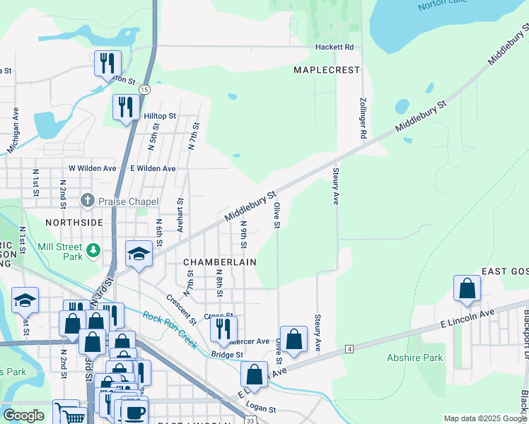 map of restaurants, bars, coffee shops, grocery stores, and more near 612 Middlebury Street in Goshen