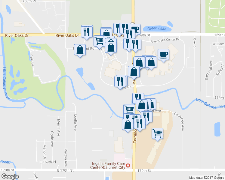 map of restaurants, bars, coffee shops, grocery stores, and more near 1459 Ring Road in Calumet City