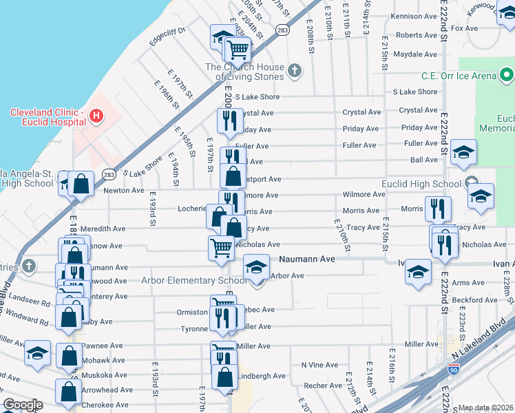 map of restaurants, bars, coffee shops, grocery stores, and more near 20301 Morris Ave in Euclid
