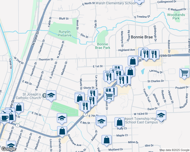 map of restaurants, bars, coffee shops, grocery stores, and more near 149 Le Jeune Avenue in Lockport