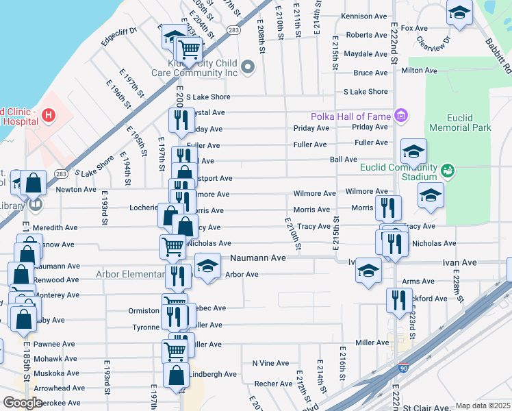 map of restaurants, bars, coffee shops, grocery stores, and more near 20751 Morris Avenue in Euclid