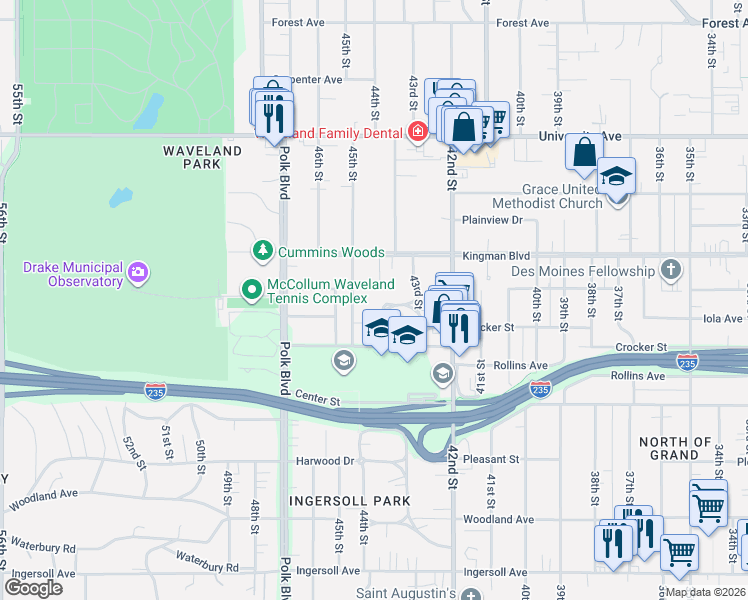 map of restaurants, bars, coffee shops, grocery stores, and more near 928 California Drive in Des Moines