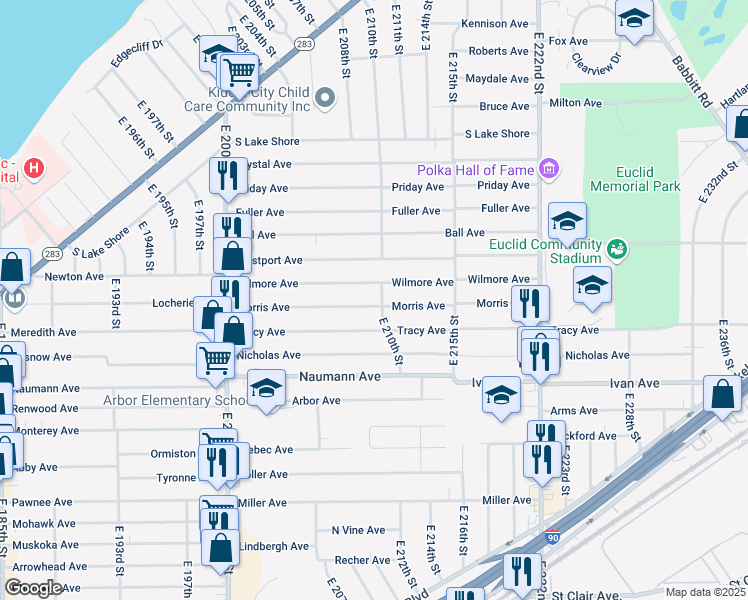 map of restaurants, bars, coffee shops, grocery stores, and more near 20971 Morris Avenue in Euclid