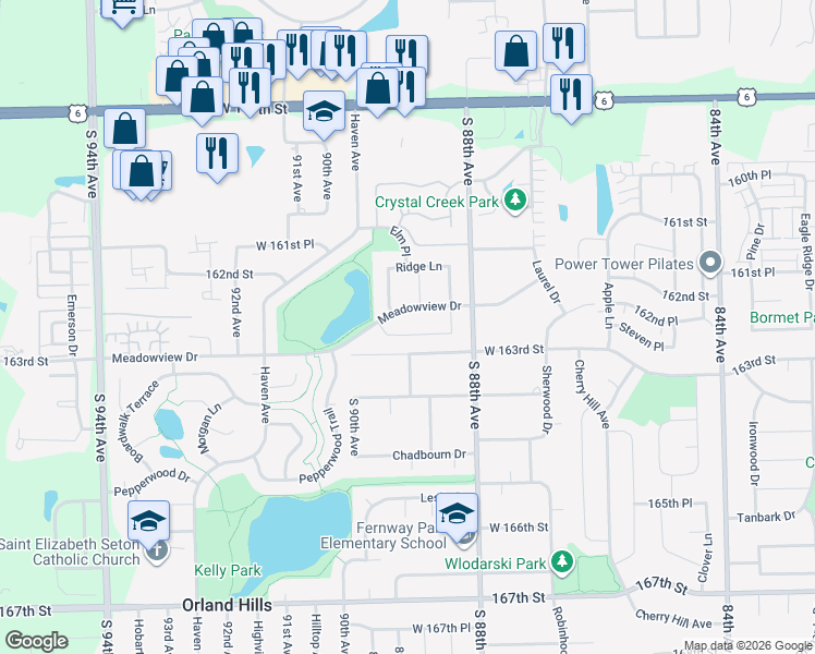map of restaurants, bars, coffee shops, grocery stores, and more near 8900 Marshfield Ln in Orland Hills