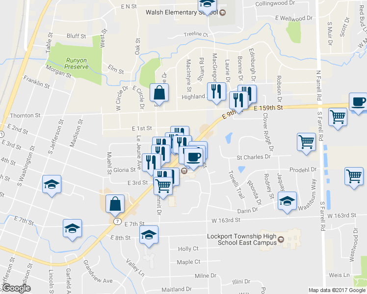 map of restaurants, bars, coffee shops, grocery stores, and more near 1050 East 9th Street in Lockport