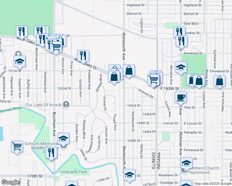 map of restaurants, bars, coffee shops, grocery stores, and more near 1369 Forest Avenue in Calumet City