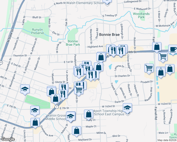 map of restaurants, bars, coffee shops, grocery stores, and more near 1050 East 9th Street in Lockport