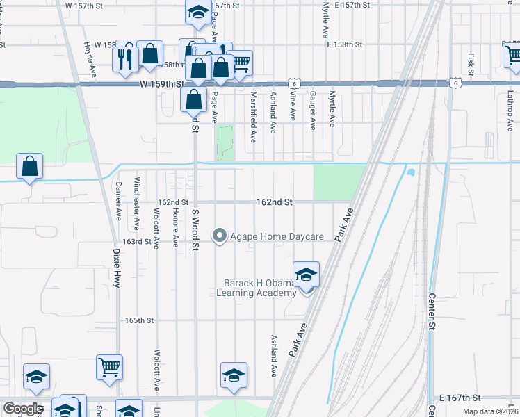 map of restaurants, bars, coffee shops, grocery stores, and more near 16215 Marshfield Avenue in Markham