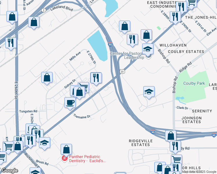 map of restaurants, bars, coffee shops, grocery stores, and more near 28050 Euclid Avenue in Euclid