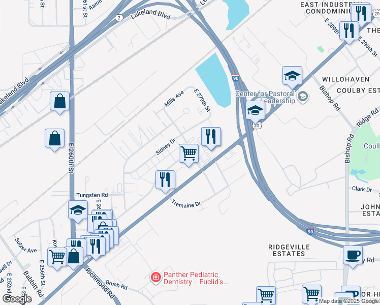 map of restaurants, bars, coffee shops, grocery stores, and more near 27501 Brush Avenue in Euclid