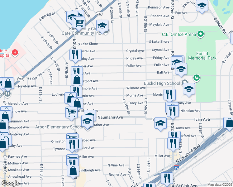 map of restaurants, bars, coffee shops, grocery stores, and more near 20971 Morris Avenue in Euclid