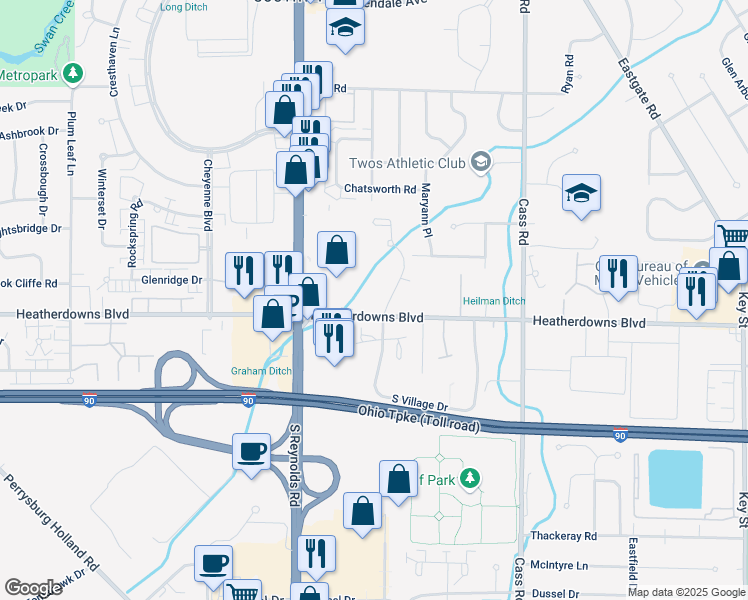 map of restaurants, bars, coffee shops, grocery stores, and more near 2460 Old Stone Court in Toledo