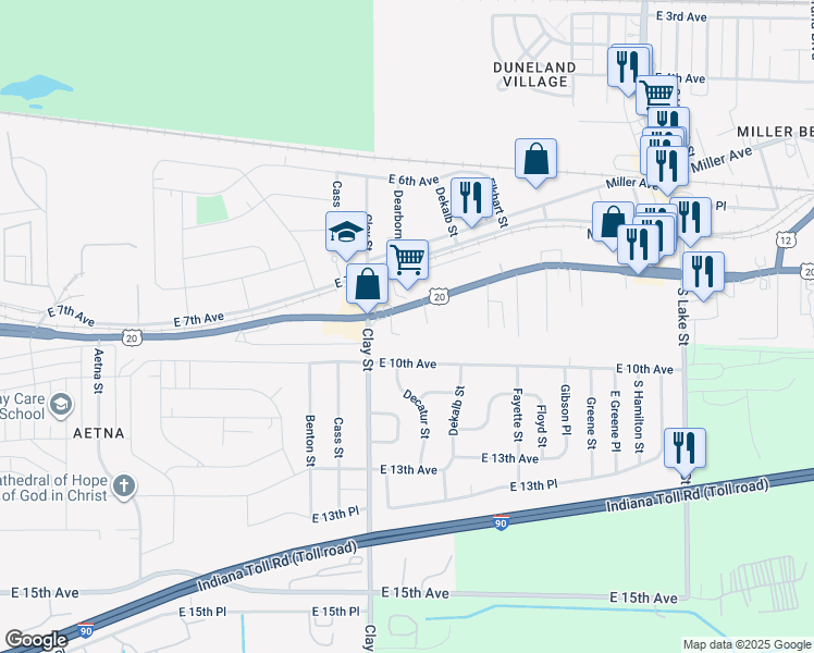 map of restaurants, bars, coffee shops, grocery stores, and more near 5001 Melton Road in Gary