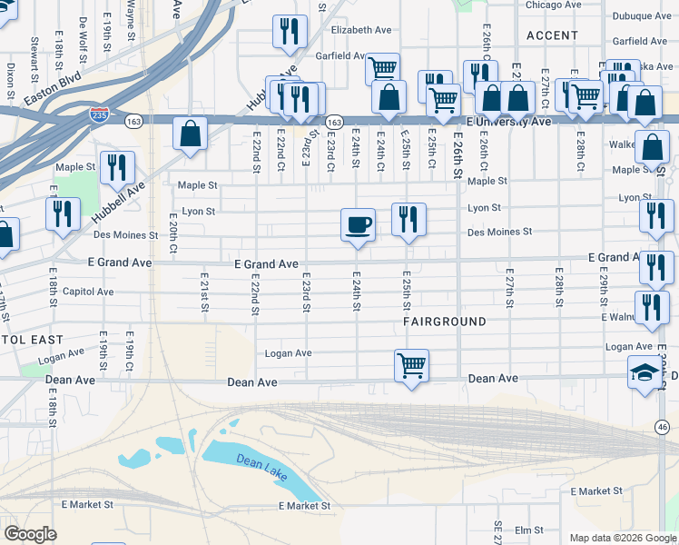 map of restaurants, bars, coffee shops, grocery stores, and more near 416 East 24th Street in Des Moines