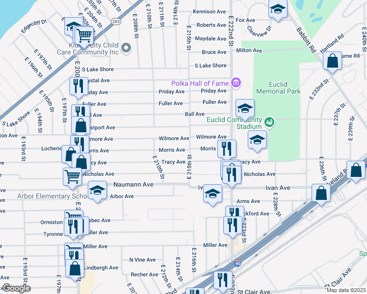 map of restaurants, bars, coffee shops, grocery stores, and more near 21401 Morris Avenue in Euclid