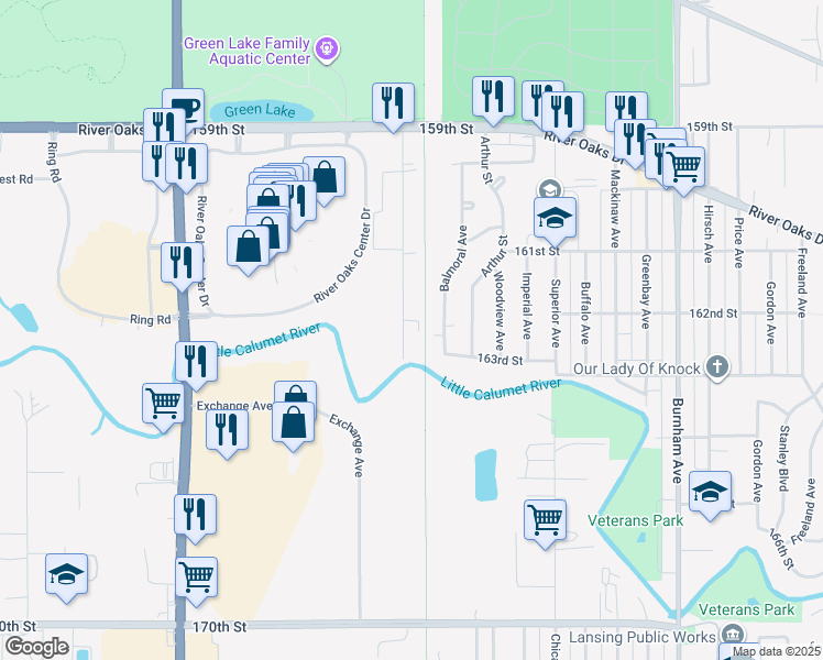 map of restaurants, bars, coffee shops, grocery stores, and more near 1371 River Drive in Calumet City