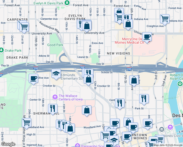 map of restaurants, bars, coffee shops, grocery stores, and more near 1212 School Street in Des Moines