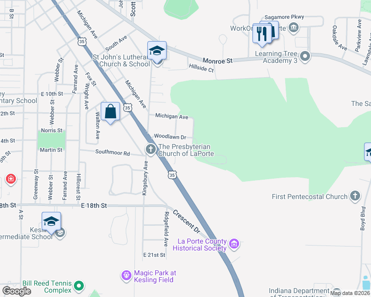 map of restaurants, bars, coffee shops, grocery stores, and more near 201 Forest Drive in La Porte