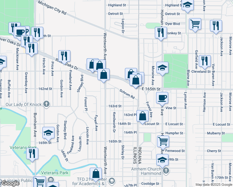 map of restaurants, bars, coffee shops, grocery stores, and more near 1363 Kenilworth Drive in Calumet City