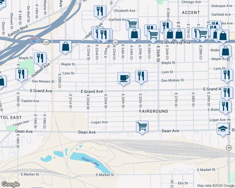 map of restaurants, bars, coffee shops, grocery stores, and more near 416 East 24th Street in Des Moines