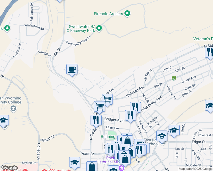 map of restaurants, bars, coffee shops, grocery stores, and more near 602 Milne Street in Rock Springs