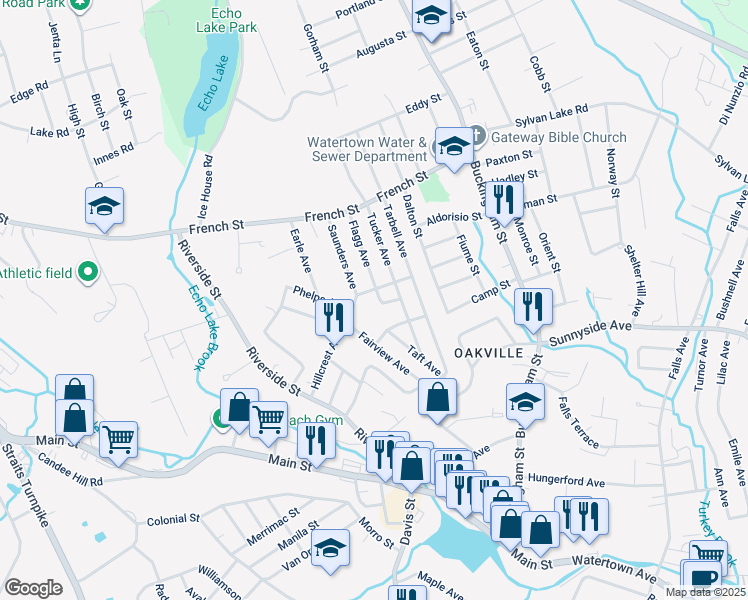 map of restaurants, bars, coffee shops, grocery stores, and more near 7 Flagg Avenue in Watertown