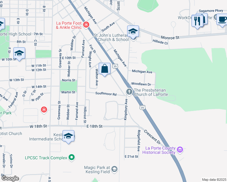 map of restaurants, bars, coffee shops, grocery stores, and more near 401-427 Southmoor Rd in La Porte