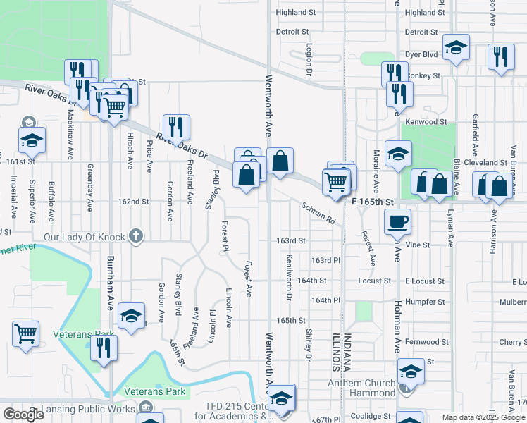 map of restaurants, bars, coffee shops, grocery stores, and more near 1365 Wentworth Avenue in Calumet City