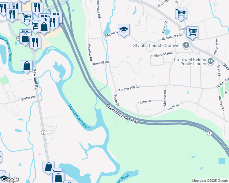 map of restaurants, bars, coffee shops, grocery stores, and more near 9A Hicksville Road in Cromwell