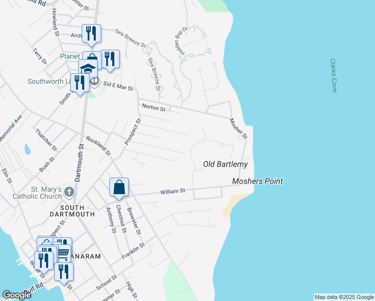 map of restaurants, bars, coffee shops, grocery stores, and more near 15 Clarks Cove Drive in Dartmouth