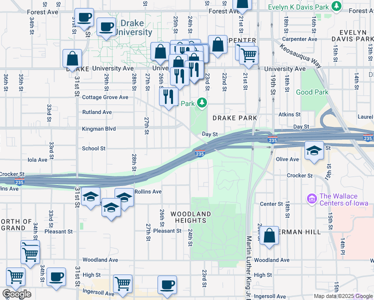 map of restaurants, bars, coffee shops, grocery stores, and more near 990 24th Street in Des Moines