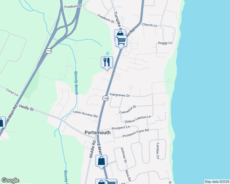 map of restaurants, bars, coffee shops, grocery stores, and more near 24 Hargraves Drive in Portsmouth
