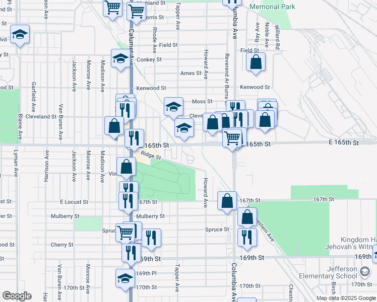 map of restaurants, bars, coffee shops, grocery stores, and more near 1014 165th Street in Hammond