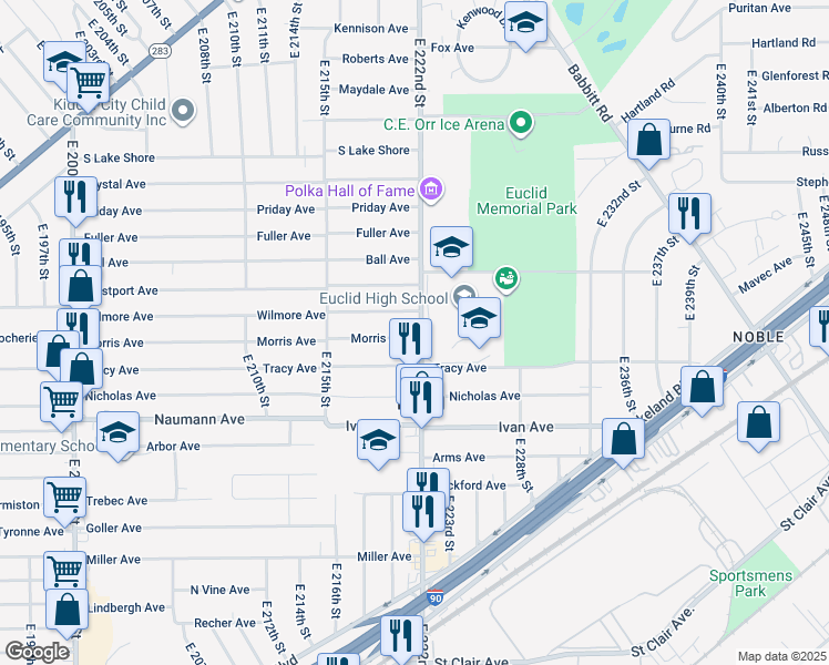 map of restaurants, bars, coffee shops, grocery stores, and more near 720 East 222nd Street in Euclid