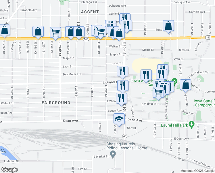 map of restaurants, bars, coffee shops, grocery stores, and more near 415 East 29th Street in Des Moines