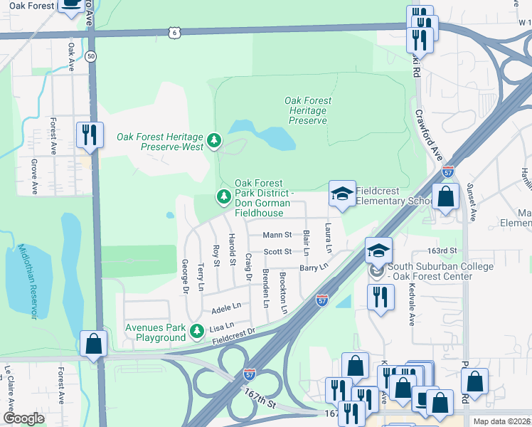 map of restaurants, bars, coffee shops, grocery stores, and more near 4352 Wagman Street in Oak Forest