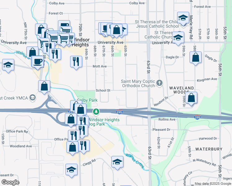 map of restaurants, bars, coffee shops, grocery stores, and more near 6512 School Street in Windsor Heights