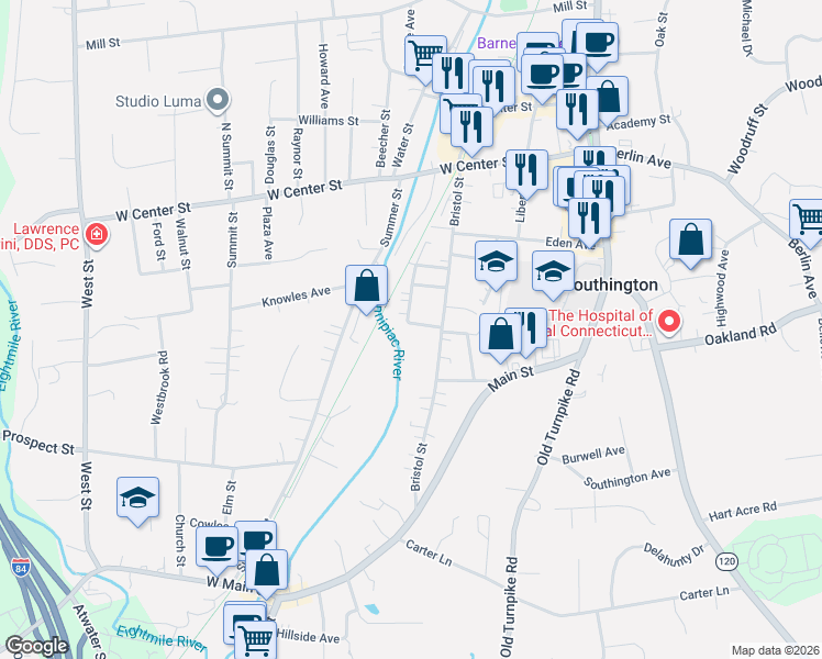 map of restaurants, bars, coffee shops, grocery stores, and more near 60 George Street in Southington