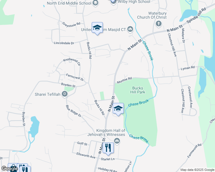 map of restaurants, bars, coffee shops, grocery stores, and more near 25 Lisa Court in Waterbury