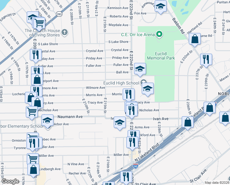 map of restaurants, bars, coffee shops, grocery stores, and more near 21701 Morris Avenue in Euclid