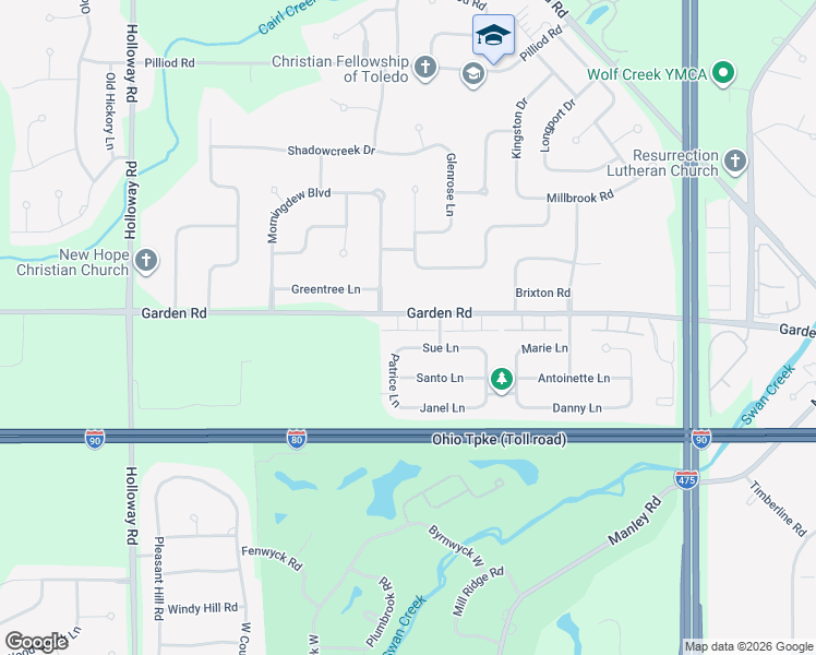 map of restaurants, bars, coffee shops, grocery stores, and more near 6746 Sue Lane in Maumee